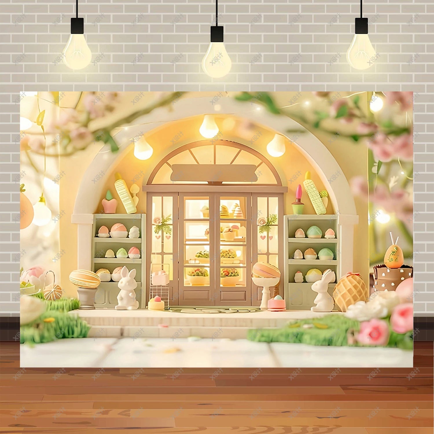 Easter Photography Background Party Decoration Spring Flowers Green Grass Wooden Door Rabbit Bunny Eggs Baby Portrait Photo Prop