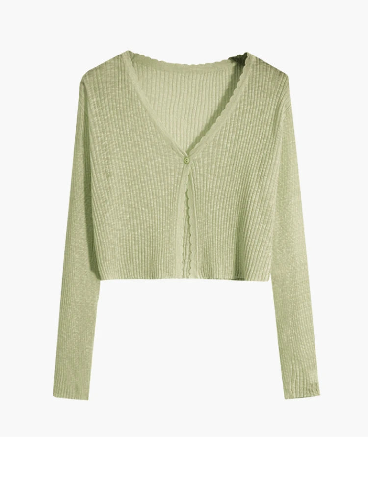 Women Cardigans Long Sleeve Knitted Outerwear Solid Thin Spring Short Sweaters V-neck Knitwears Korean Fashion Cardigans 2025