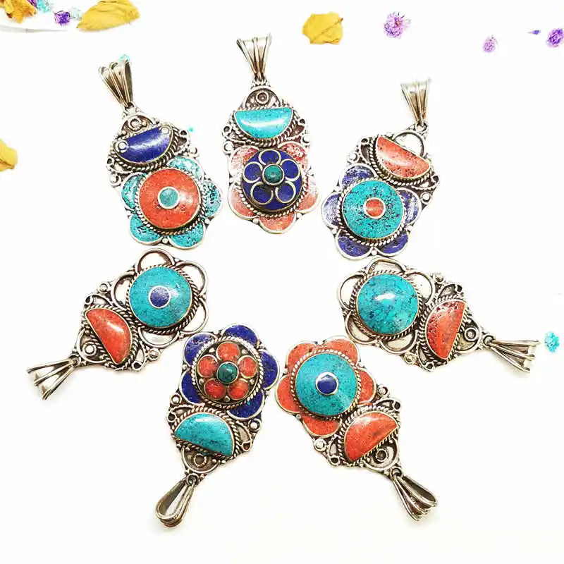 Handmade Vintage Flower Pendants Copper Inlaid Colorful Stone Tibetan Jewelry TBP608