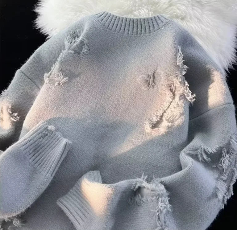 Winter Ripped Sweater Men's Round Neck Pullover High Street American Retro Japanese Style Solid Color Sweater For Teenagers