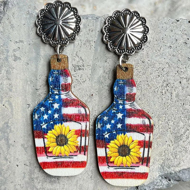 New American Independence Day Earrings July 4th Festival Decoration Western Cowboy Sun Flower Boots Cowhead Hat Wooden Ear Rings