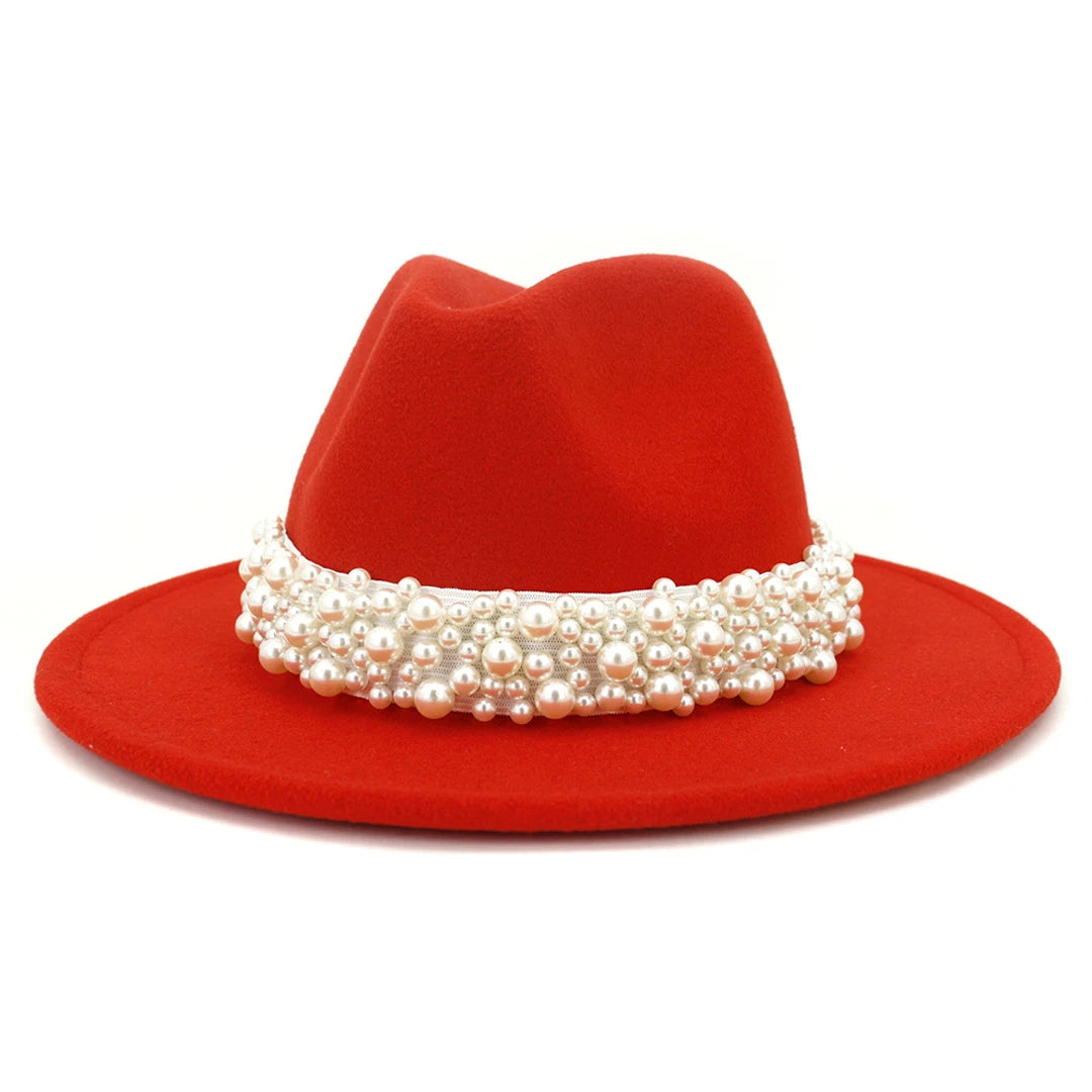 Fedora Hats for Women Wool Felt Panama Hat with Pearl Band Wide Brim Felt Hat Classic Trilby Jazz Hat Church Hats Women Elegant