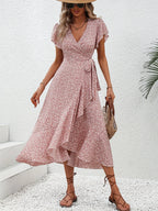 Summer Dresses for Women Sexy V Neck Short Sleeve Irregular High Waist Lace-up Flower Print Dress Casual Beach Dresses
