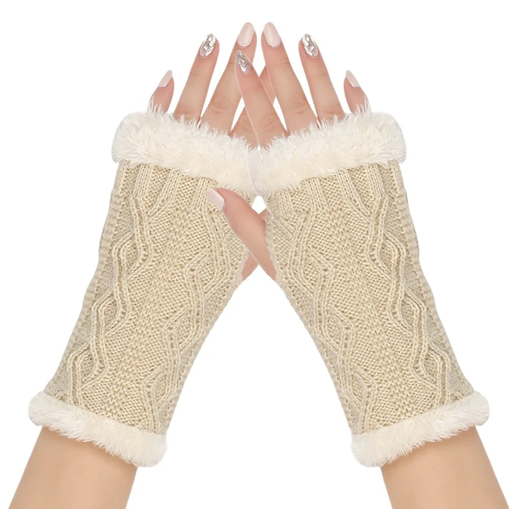 Winter Half Palm Glove For Womens Girls Knitted Fingerless Hand Mitten Fuzzy Fleece Lined Wrist Warmer Solid Color Armer Warmer