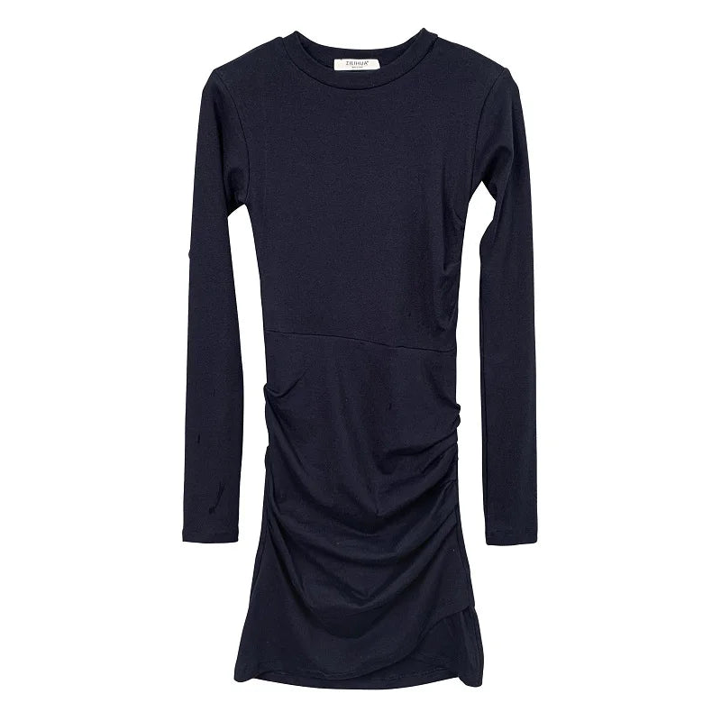 women's dresses 2025 Spring  Autumn Casual Fitting Slim Plain Ruched Long Sleeve Crew Neck Mini Bodycon High Street Dress