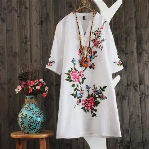 Women Dresses Women's Embroidered Dress Summer Loose Short Sleeve Skirt Vestido De Mujer Femme Robe