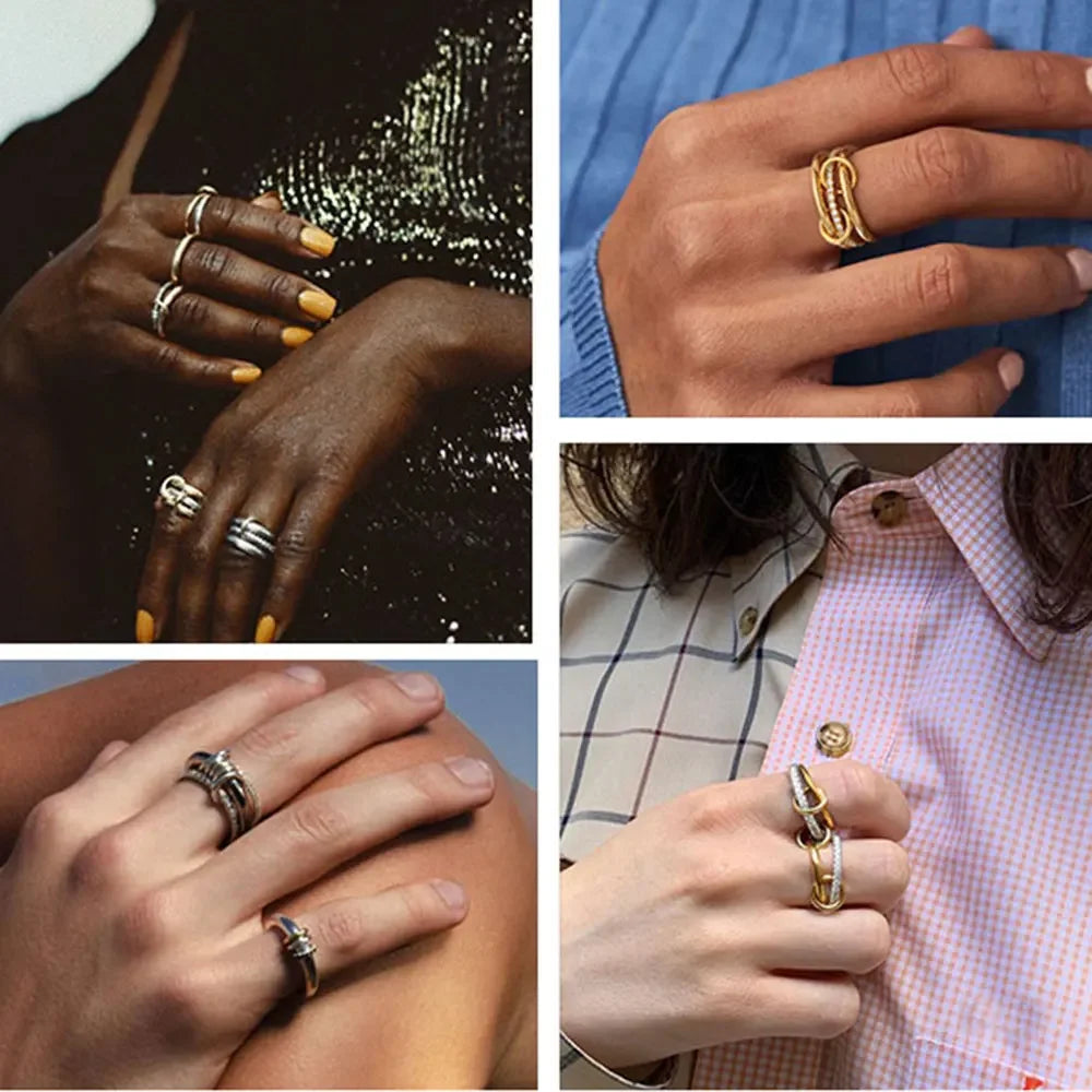 Stackable Rings for Women Statement Mixed Metals Multi Ring Stack Cubic Zirconia Connected Bands Stacking Jewelry