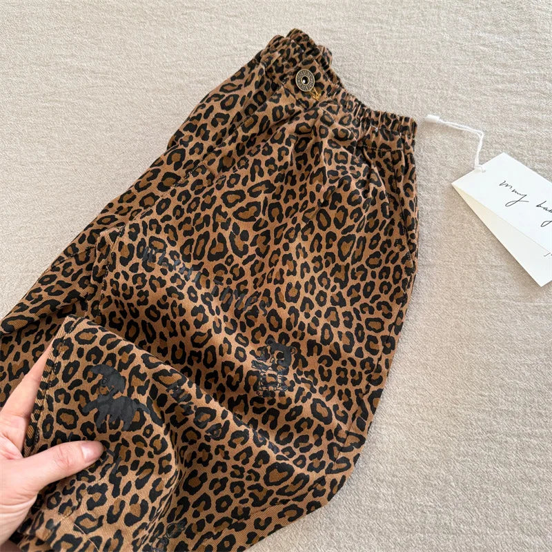 Children's pants 2025 squinting eyes spring boys and girls leopard print casual pants baby Korean wide leg small leg pants