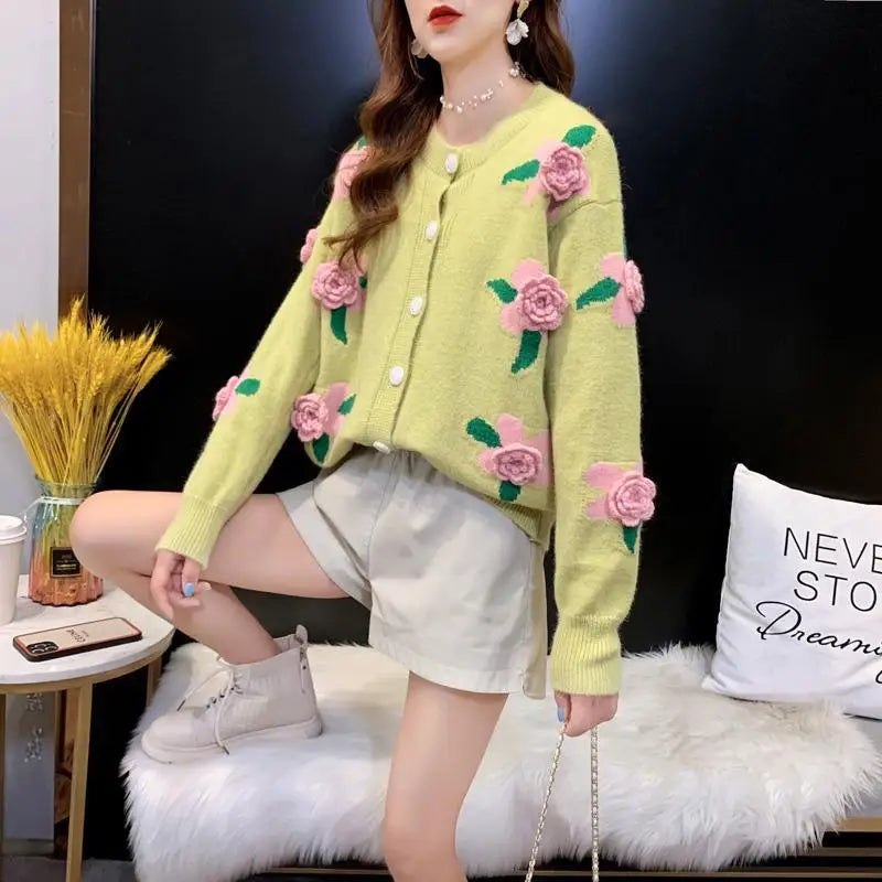 Sweater Female 2023 Spring and Autumn Knitwear Women Heavy Industry Rose Blossom Embroidery Contrast Sweater Coat Cardigan