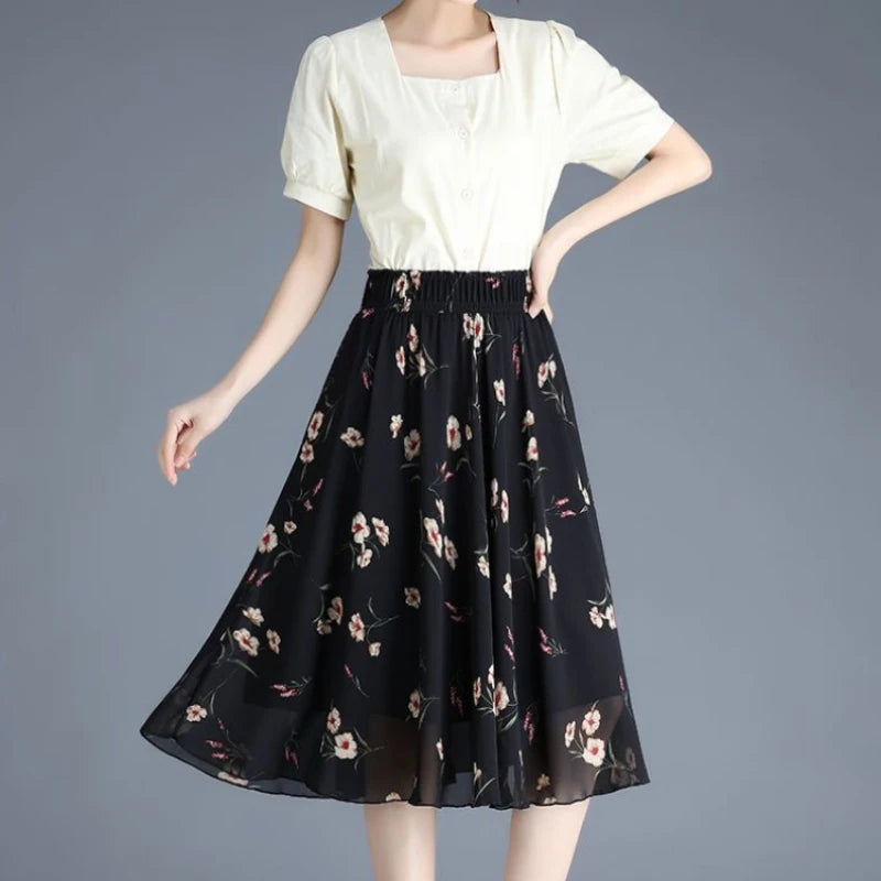 Skirts for Women Chiffon Woman Skirt Floral Midi Summer Casual New In Clothing Sales Modest Luxury Elegant High Quality V Cheap