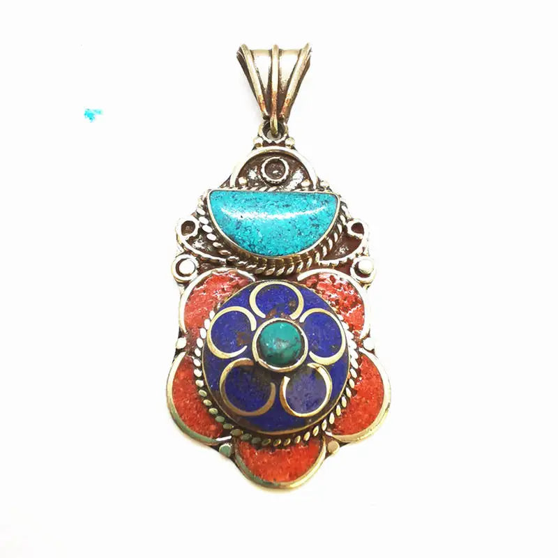 Handmade Vintage Flower Pendants Copper Inlaid Colorful Stone Tibetan Jewelry TBP608