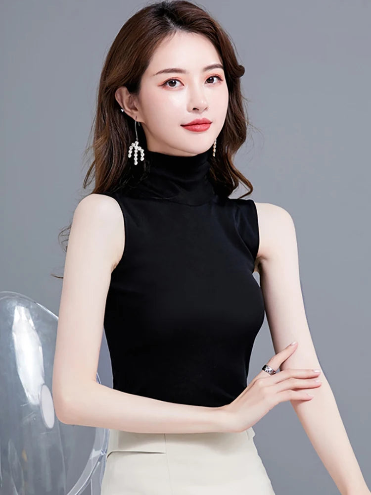 Summer Tops For Women 2025 Turtleneck Basic Sleeveless Lace Tank Tops Women Female Top Korean Tees Black White Blue