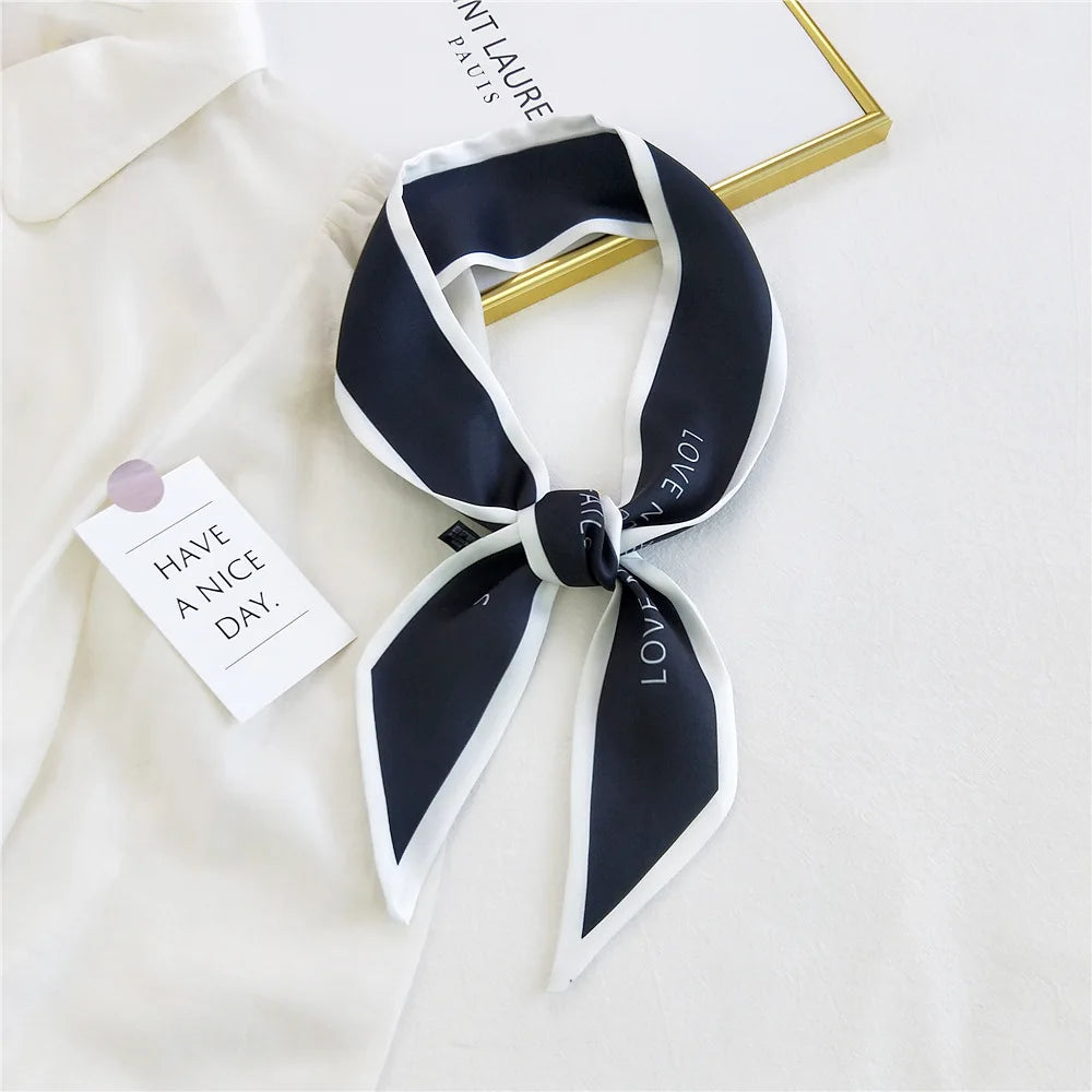 Women Hair Scarf Fashion Narrow Long Scarf Elegant Satin Silk Bow Tie Letter Print Bag Ribbon Headband Scarves Foulard Cheveux