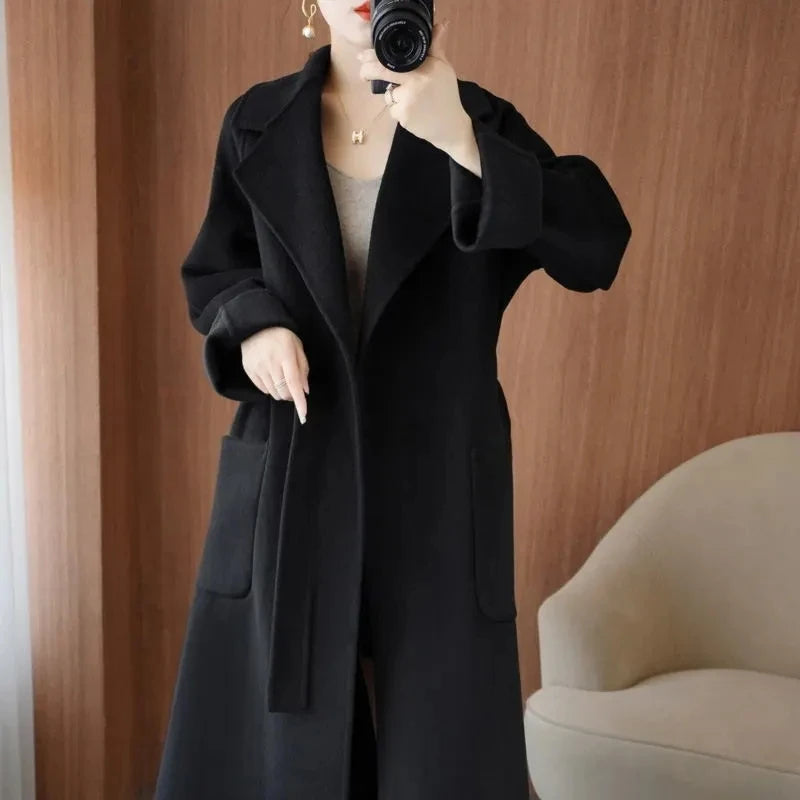 100% Wool Coat Women's Wear 2025 Autumn/Winter Fashion Temperament Double sided Cashmere Coats with Belt Elegant Long Overcoat