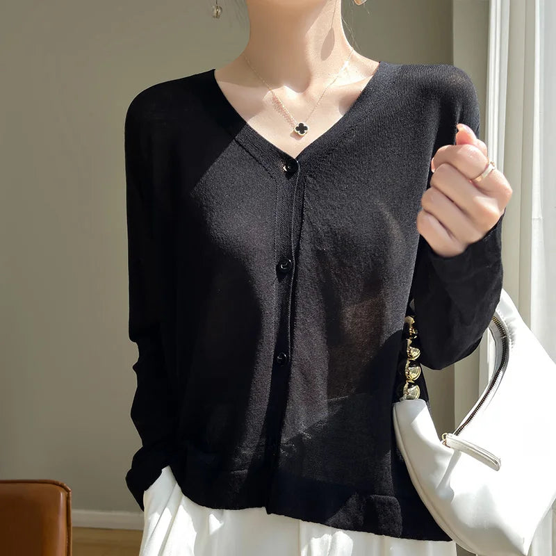 Women's Cardigans 2025 Thin Summer Single Breasted V-neck Loose Knitted Sweater Fashion Solid Tops Ice Silk Outerwears Jumpers