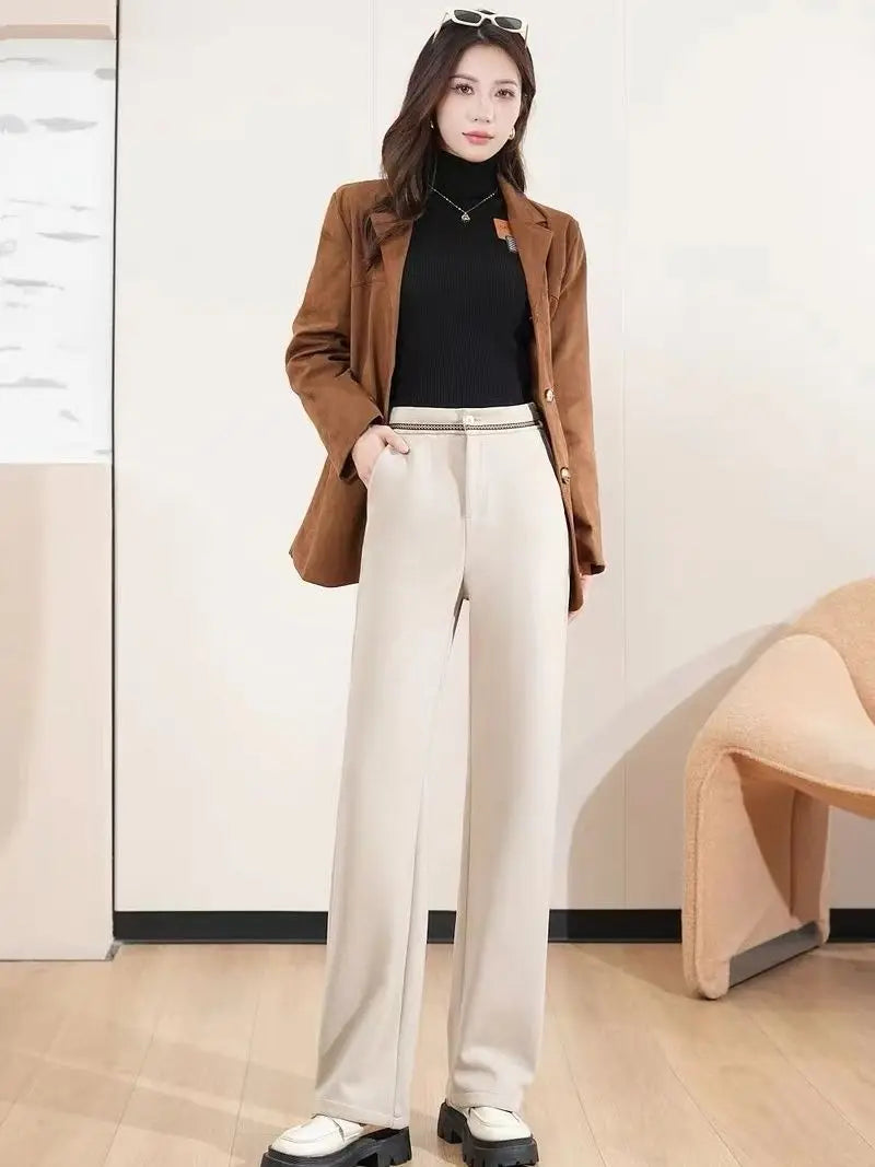 Fashion Office Lady Autumn Winter New Woolen Pants Women Solid Pockets Elastic High Waist Plus Velvet Straight Wide Leg Trousers