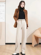 Fashion Office Lady Autumn Winter New Woolen Pants Women Solid Pockets Elastic High Waist Plus Velvet Straight Wide Leg Trousers