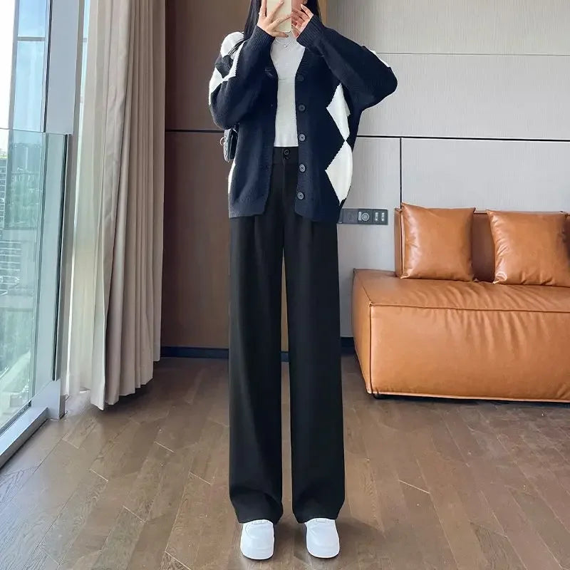 Female Trousers Office Autumn Winter Work Tailoring Women's Dress Pants Tweed Wide Leg High Waist Aesthetic Trends 2025 Harajuku