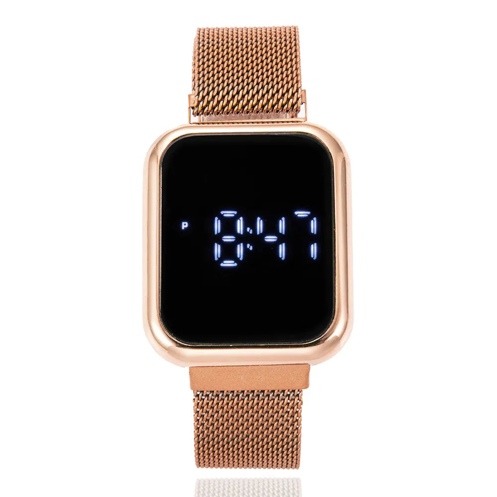 Casual Digital Watch for Men Women Luxury Rose Gold LED Watches Magnetic Metal Mesh Band Fashion Simple Ladies Electronic Clock