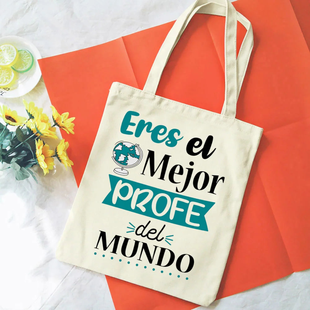 Spanish Printed Women Shopping Totes Bags White Teacher Life Bags Eco Reusable Fashion Canvas Shoulder Book Bag Gift for Teacher