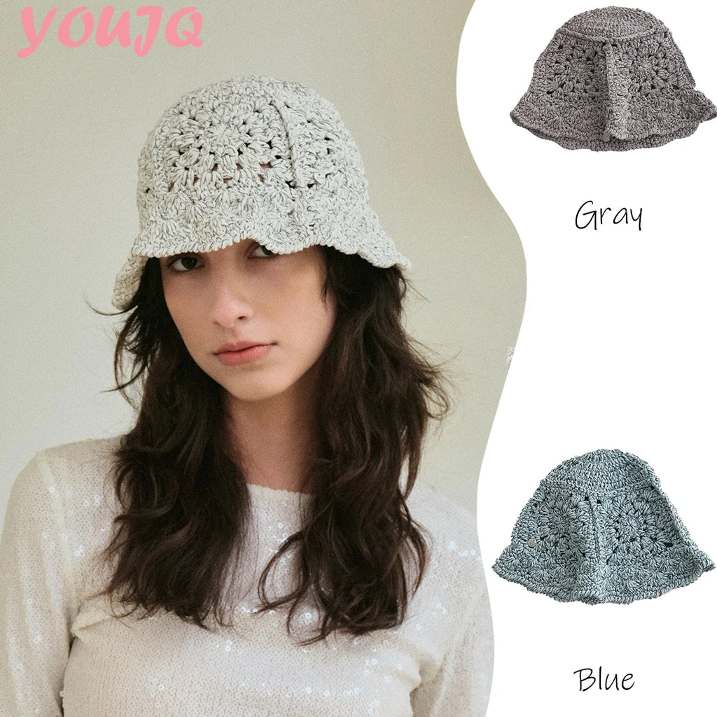 Korean Retro Hollow Crochet Knitted Bucket Hats for Men Women Summer Autumn Versatile Show Face Small Casual Basin Cap Bob Homme