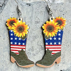 New American Independence Day Earrings July 4th Festival Decoration Western Cowboy Sun Flower Boots Cowhead Hat Wooden Ear Rings