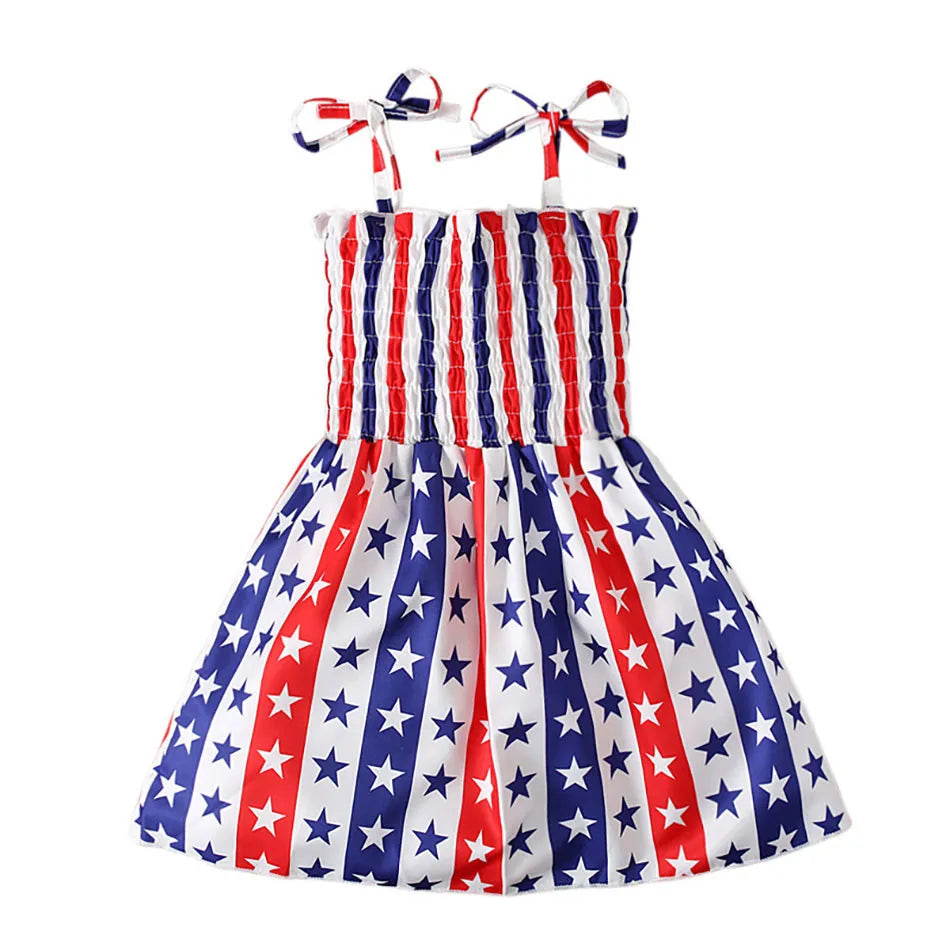Charming 4th of July Summertime Girls Casual Dresses Sling Patriotic Pattern and Cartoon Printed Playful Butterflies and Stars
