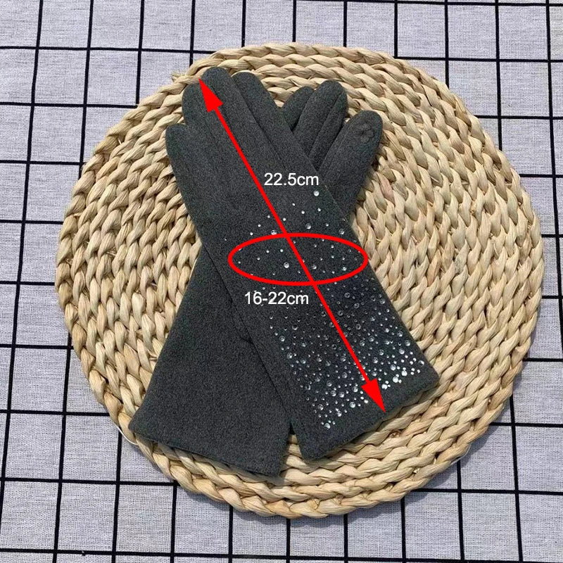 Fashion Diamonds Glove Women Vintage Winter Touch Screen Full Finger Warm Windproof Cycling Driving Female Gloves Mittens