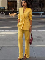 Office Lady Suits Two Piece Pant Set Turn-Down Collar Long Sleeve Double-Breasted Blazers+Mid Waist Zipper Flared Pants