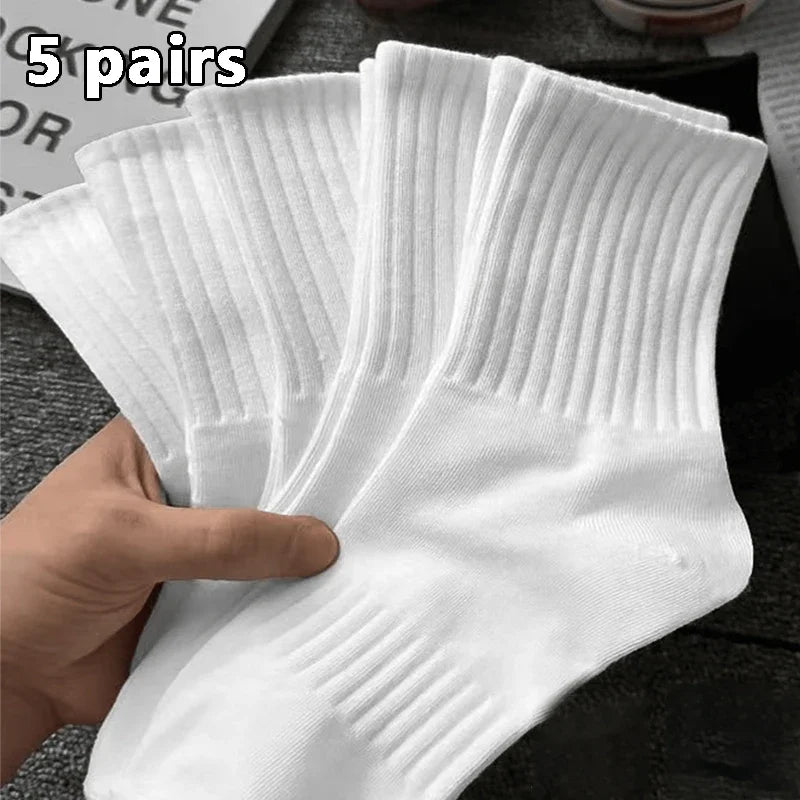 5 Pairs of Autumn and Winter Man Mid Length Socks, White Anti Odor, Sweat Absorbing, Breathable Sports Sock