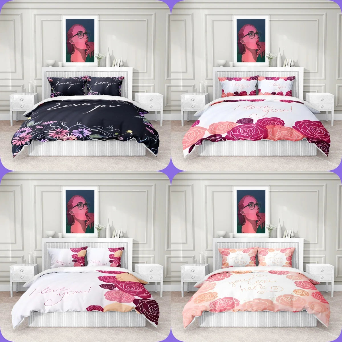 Valentine's Day I Love  style Digital Printed Duvet Set - Polyester - Bedroom Decor -1 bed cover +2 pillowcases (no pillow core)