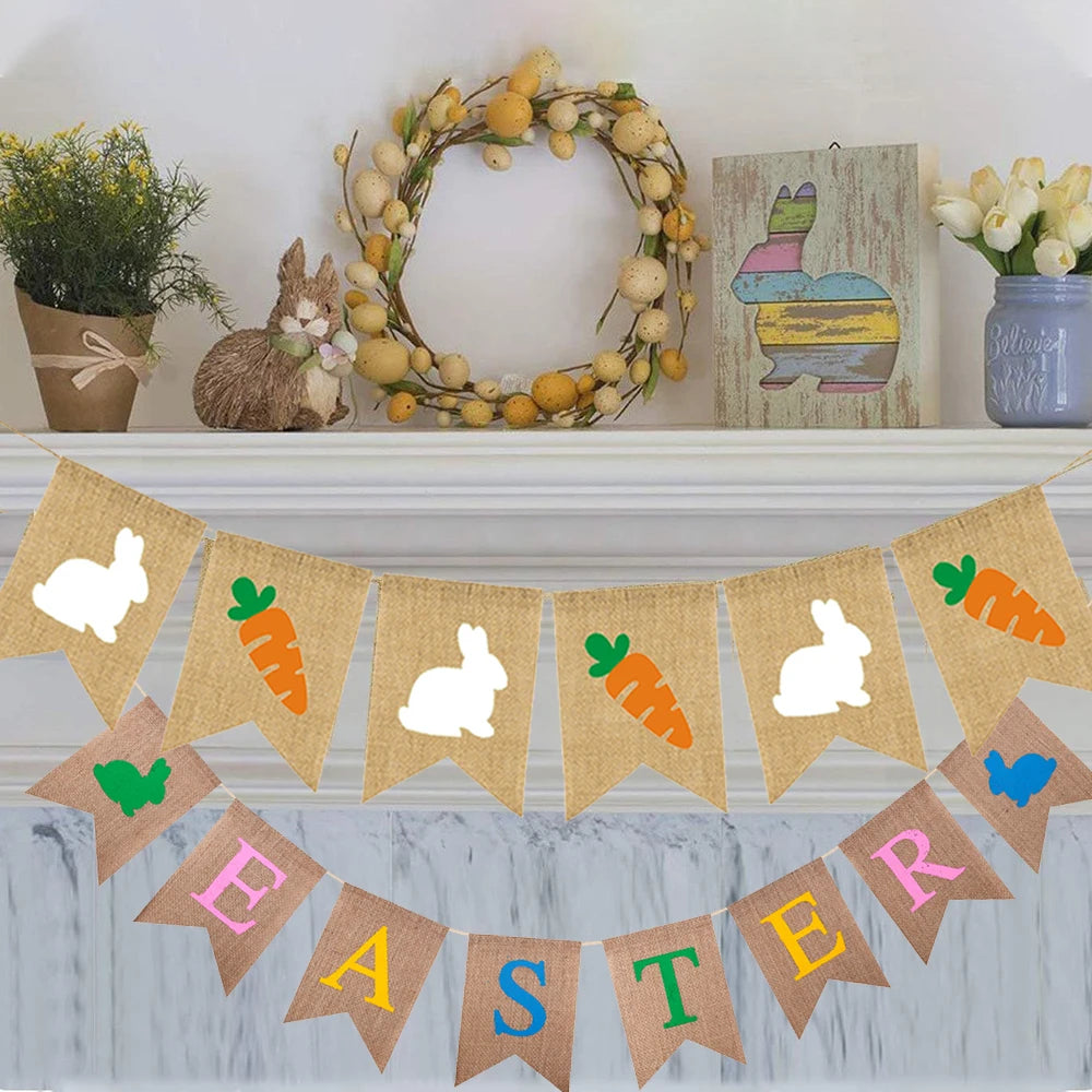 Easter Decoration Burlap Banner Cute Rabbit Carrot Hanging Garland for Easter Party Holiday Home Decoration Wall Decors Supplies