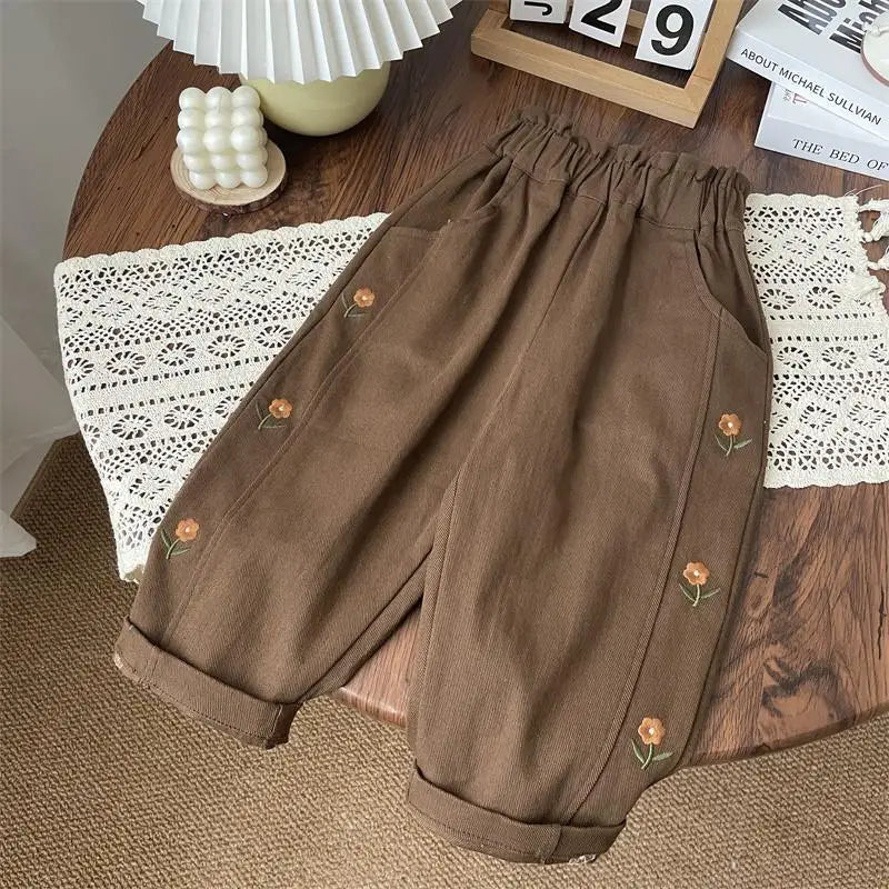 Children Pants 2025 Spring And Autumn Girls' Casual Pants Flower Embroidery Fashion Trousers 1-7year Kid's Pants