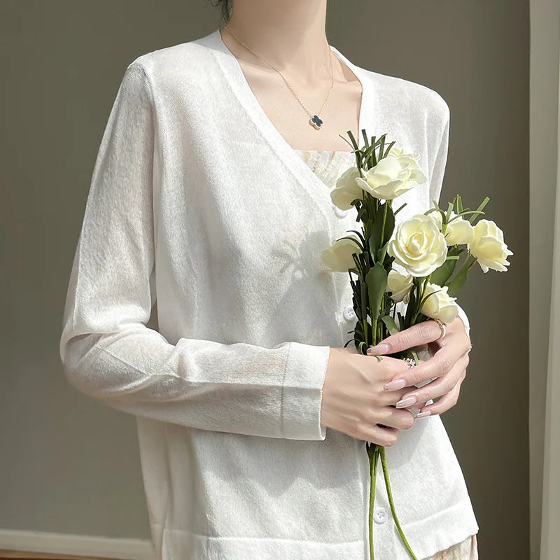 Women's Cardigans 2025 Thin Summer Single Breasted V-neck Loose Knitted Sweater Fashion Solid Tops Ice Silk Outerwears Jumpers