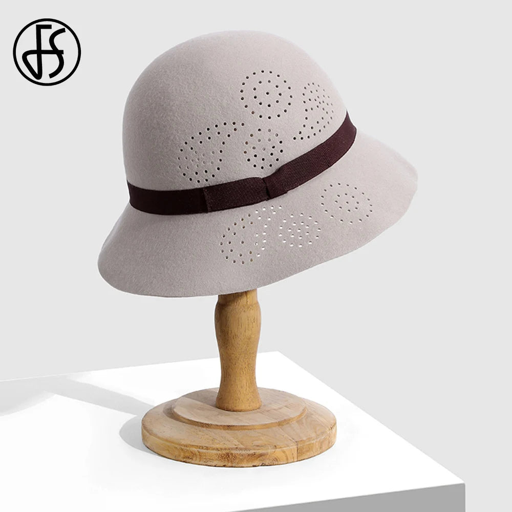 FS Beige Wool Fedoras Elegant Vintage Hats For Women Wide Brim Hollowed-out Cloche Cap Lady Autumn Winter Floppy Black Millinery