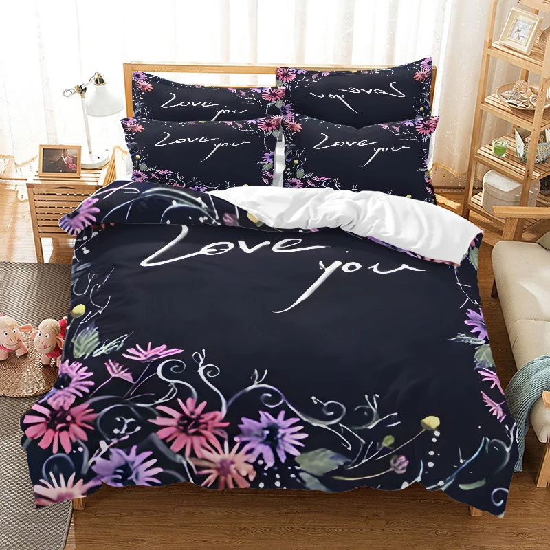 Valentine's Day I Love  style Digital Printed Duvet Set - Polyester - Bedroom Decor -1 bed cover +2 pillowcases (no pillow core)