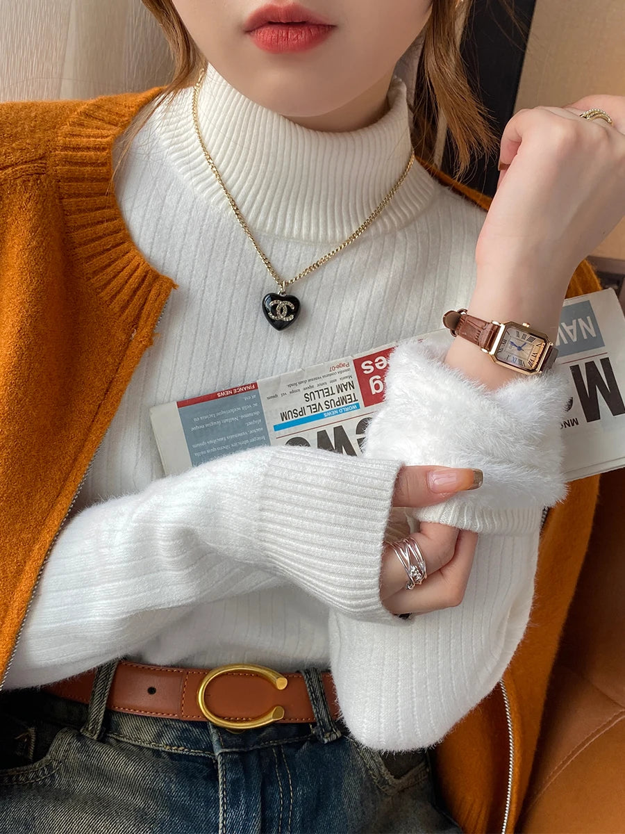 Women's Turtleneck Sweater Winter 2025 Retro with Velvet Lining Thickened Inner Wear Thermal Knitting Bottoming Shirt Pullovers
