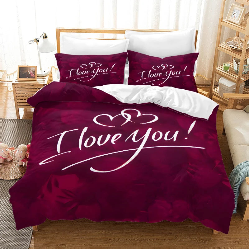 Valentine's Day I Love  style Digital Printed Duvet Set - Polyester - Bedroom Decor -1 bed cover +2 pillowcases (no pillow core)