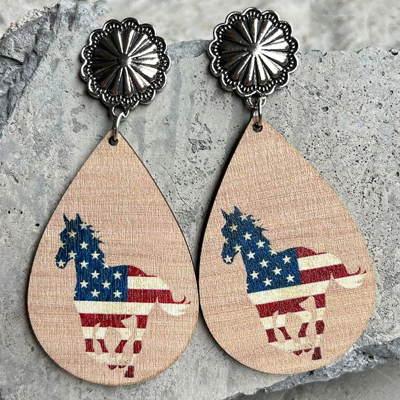 New American Independence Day Earrings July 4th Festival Decoration Western Cowboy Sun Flower Boots Cowhead Hat Wooden Ear Rings