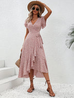 Summer Dresses for Women Sexy V Neck Short Sleeve Irregular High Waist Lace-up Flower Print Dress Casual Beach Dresses