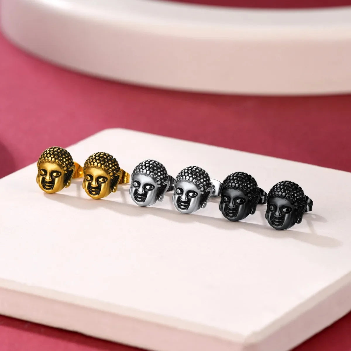 Stainless Steel Buddha head Stud Earrings for man woman Retro Vintage Style Buddhism Religious Unisex Jewelry
