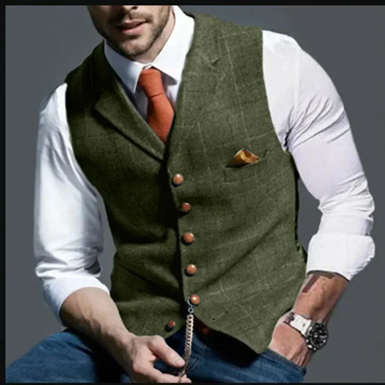 2025 Men's Formal Vests Lapel Tweed Plaid V-neck Waistcoat Slim Vest Business Formal Dress Suit Casual Wedding Tuxedo Male Vest