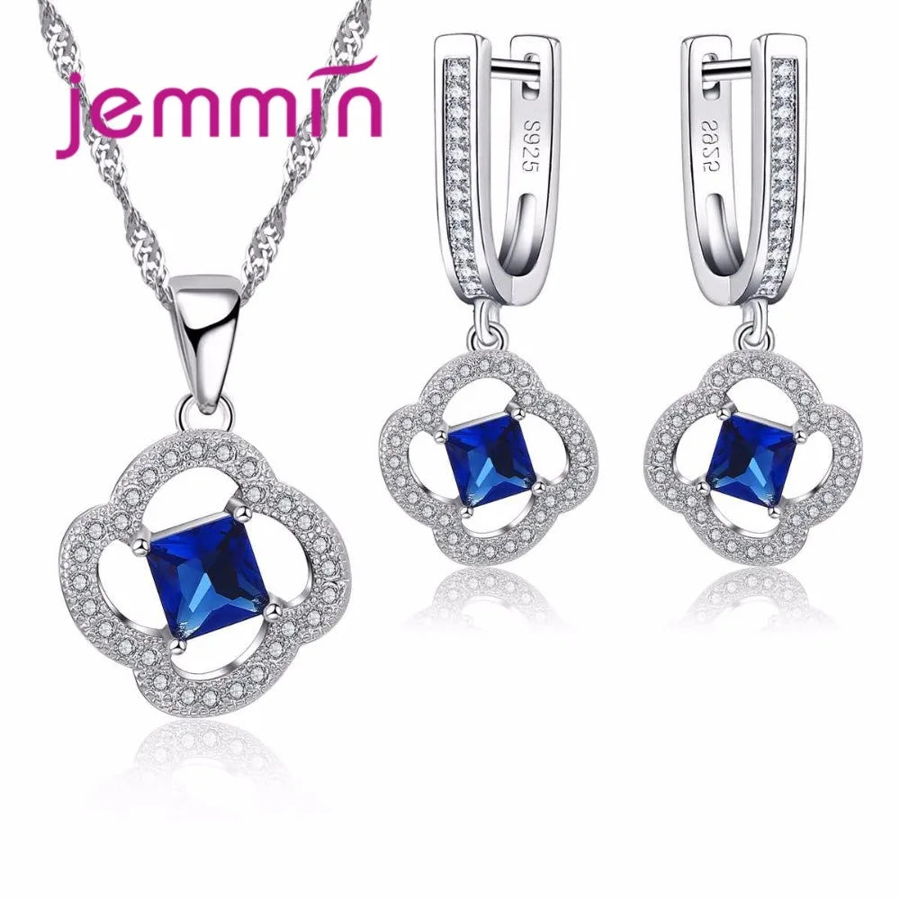 Women Jewelry Set Trendy 925 Silver  Cubic Zirconia Pendants Necklace Dangle Earrings Set For Engagement Wedding Accessory