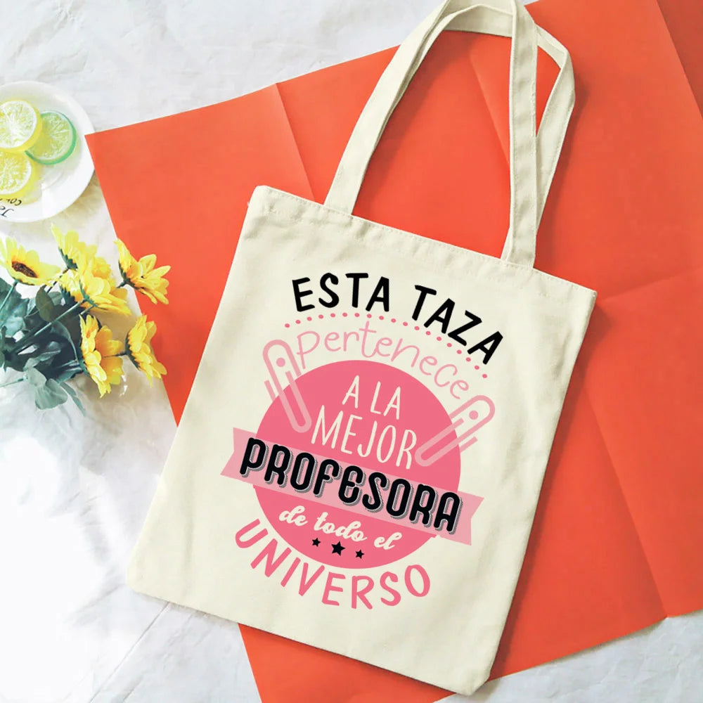Spanish Printed Women Shopping Totes Bags White Teacher Life Bags Eco Reusable Fashion Canvas Shoulder Book Bag Gift for Teacher