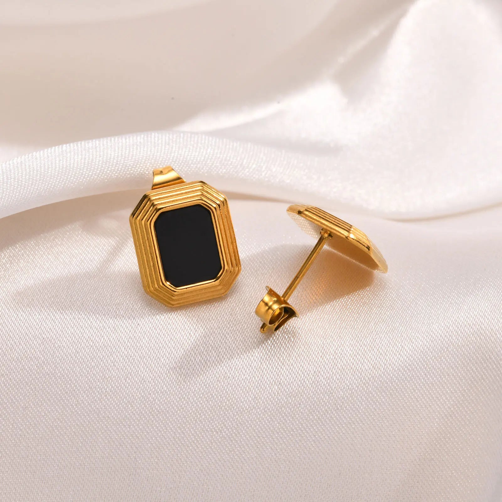 Rectangular Stud Earrings for Women, 18K Gold Plated Statement Earring, Stainless Steel Black Nature Stone Ear Jewelry