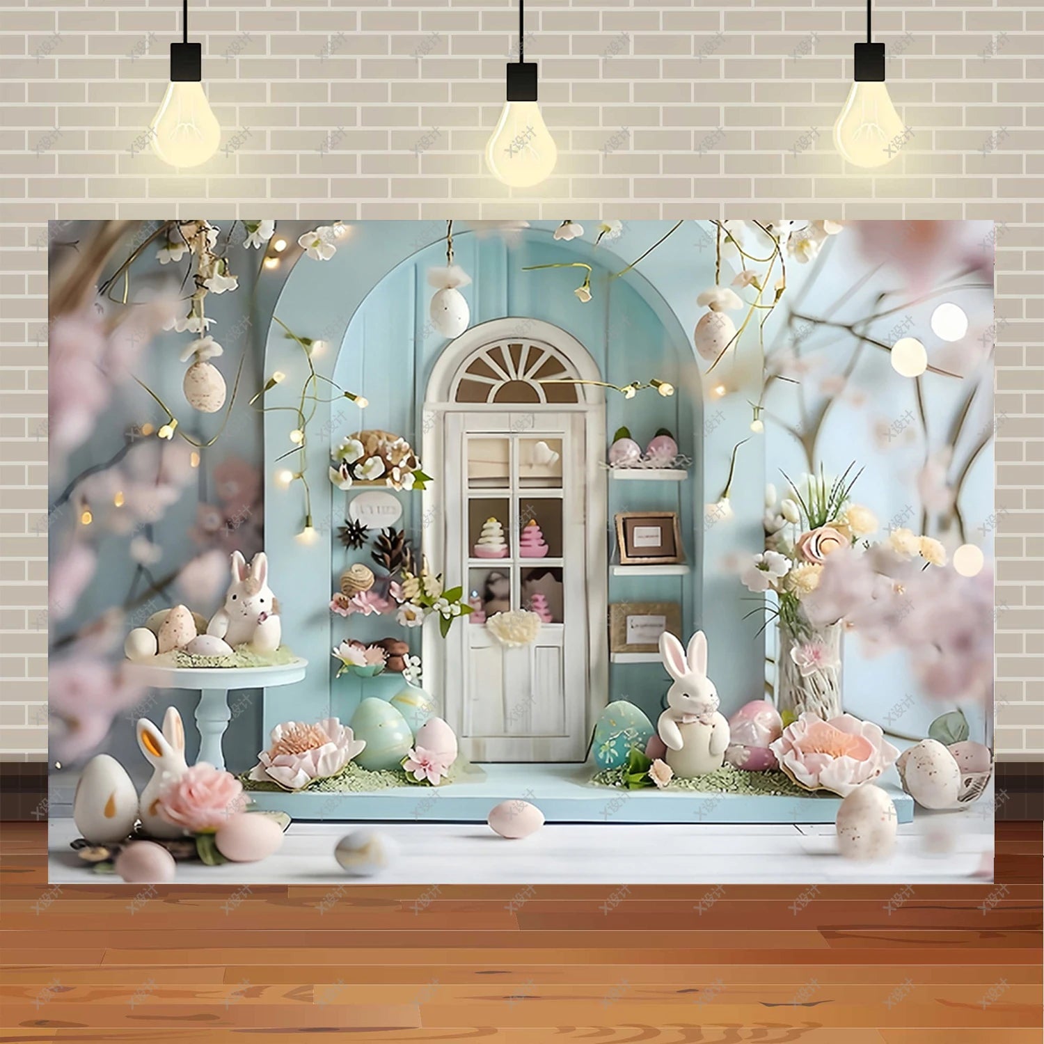Easter Photography Background Party Decoration Spring Flowers Green Grass Wooden Door Rabbit Bunny Eggs Baby Portrait Photo Prop