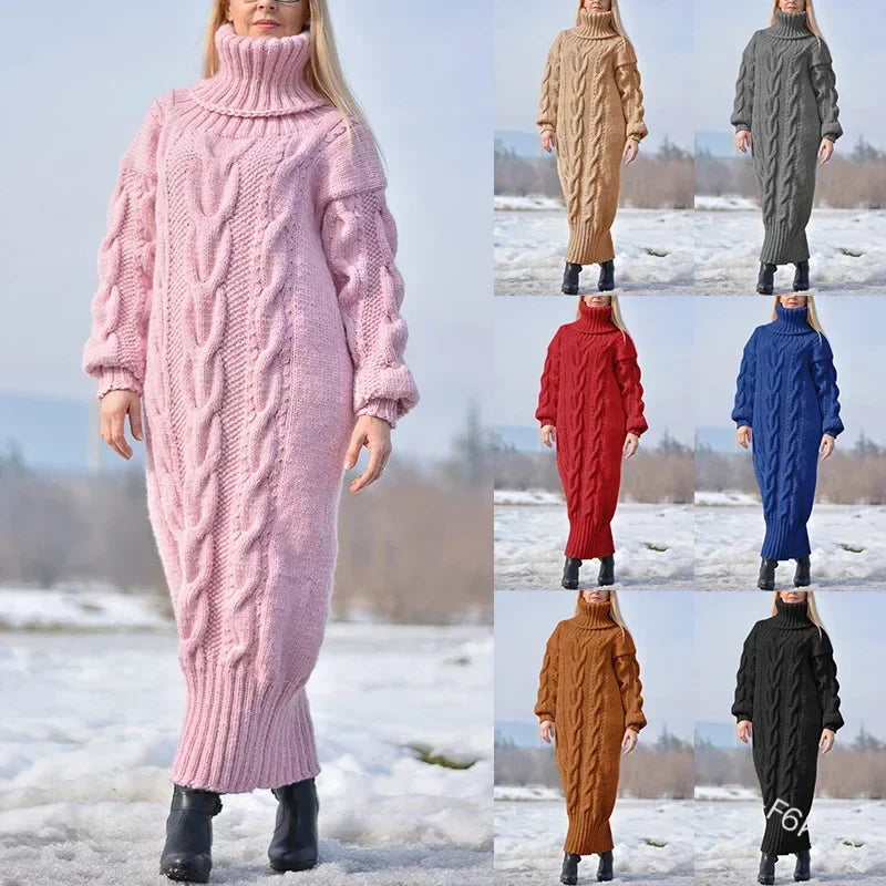 Women's Sweater Winter High Neck Solid Color Turtleneck Pullover Twisted Loose Knitted Sweater Long Dress Sweater for Female New