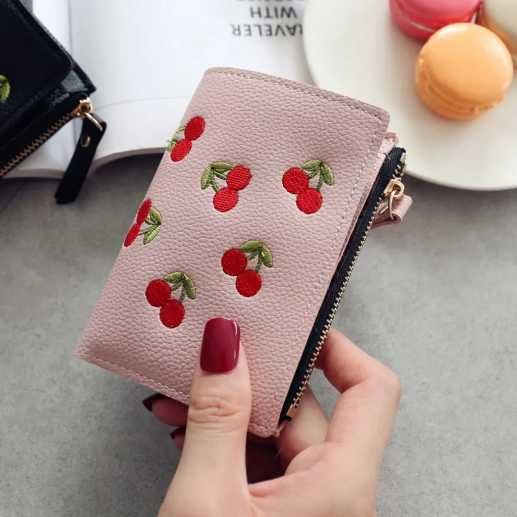 Women's Clutch Wallet with Cherry Floral Embroidery, Vertical Style Buckle Design Trendy Versatile Pu Material Waterproof Light