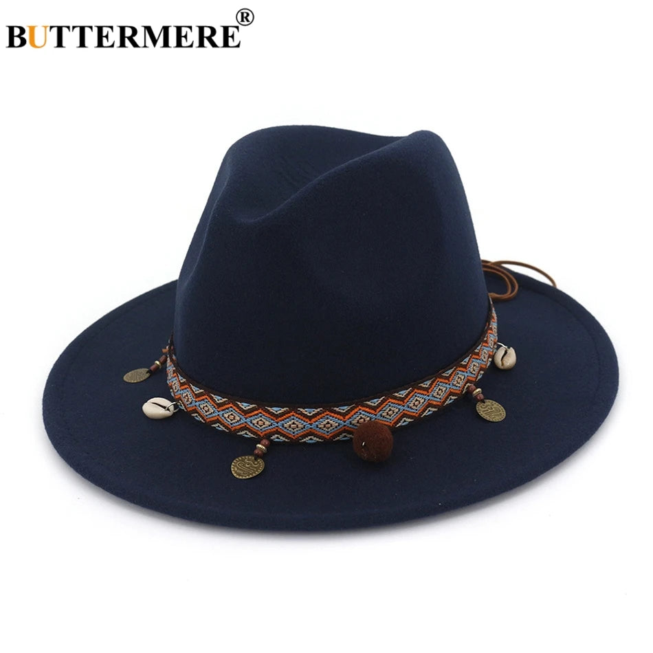 BUTTERMERE Red Fedoras Hats For Women Ethnic Style Wool Felt Hat Female Wide Brim Casual Ladies Autumn Holiday Jazz Caps Fashion