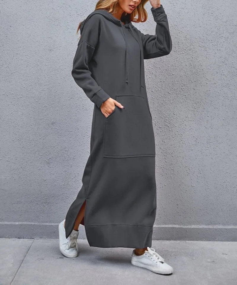 women's hoodies Hoodies Dress for Women Fashion  2024 Hem Lace-up Midi Robe Hooded Long Vestidos Winter Warm Casual Loose Sweatshirt Dress